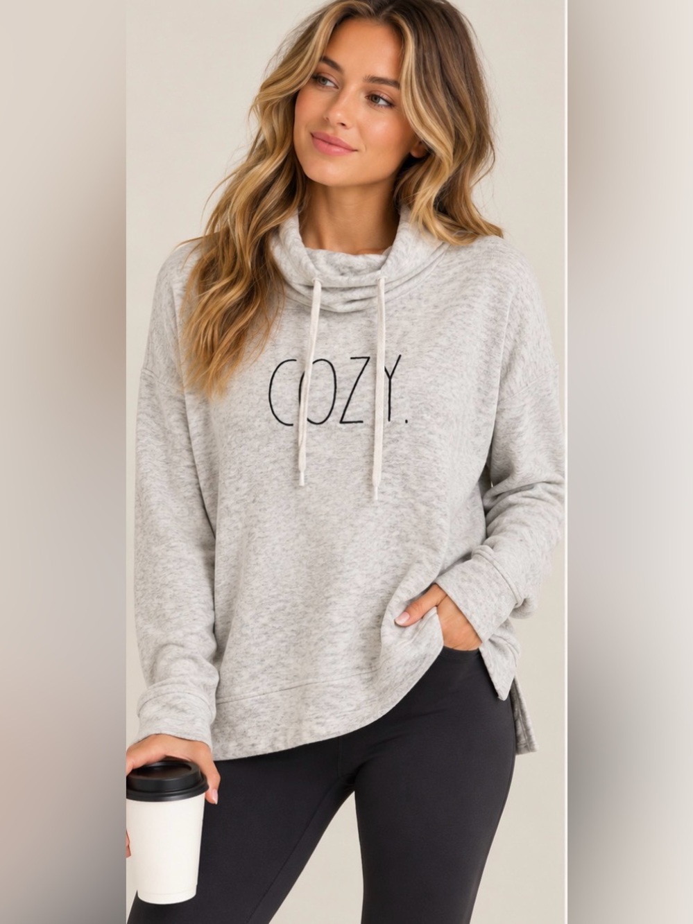 Rae Dunn COZY Cowl Neck Sweatshirt Heather Gray Pullover XS
